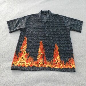 VTG Street Culture Y2K Shirt Mens Medium Button Up Skull Flame Print Black Skate